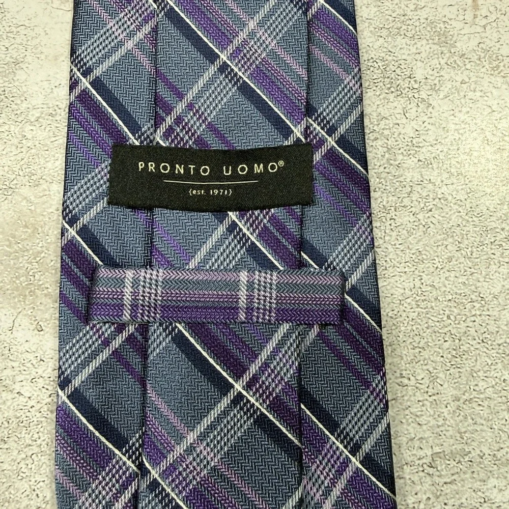 Pronto Uomo Tie Mens One Size Blue Purple Plaid 100% Silk Woven‎ Classic Necktie